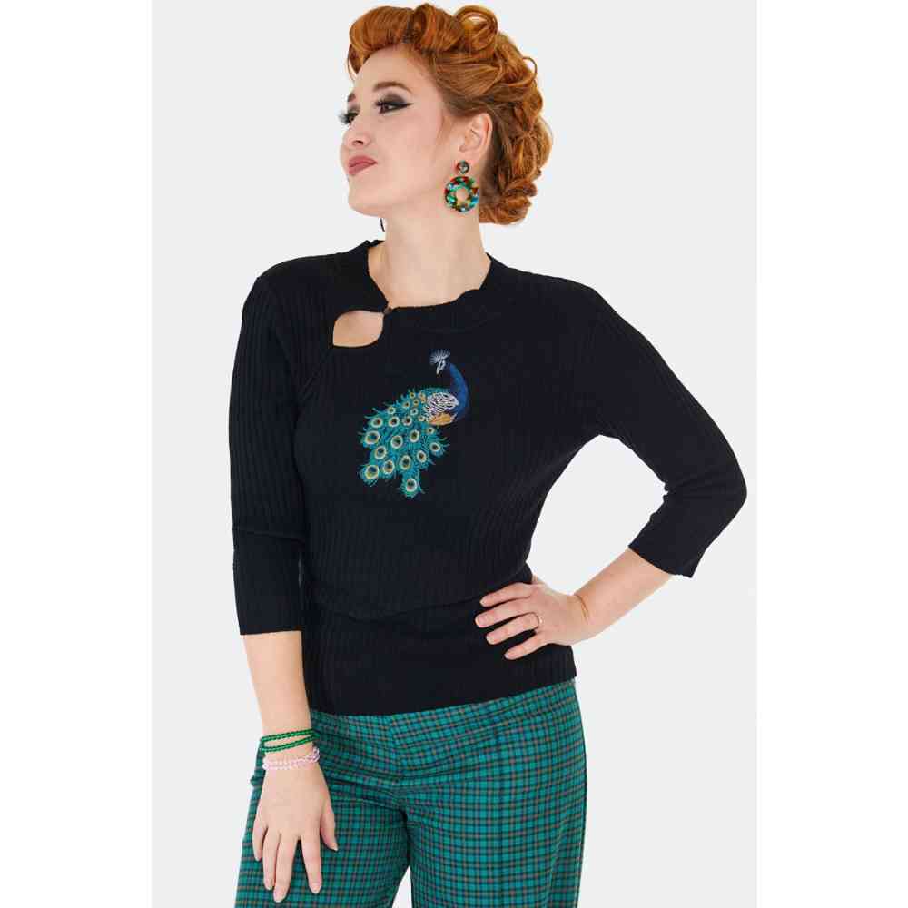 Voodoo Vixen - Peacock Embroidered Keyhole Sweatshirt - Schwarz